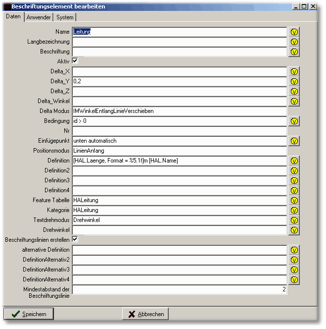 Die Definition der oben dargestellten Leitungen