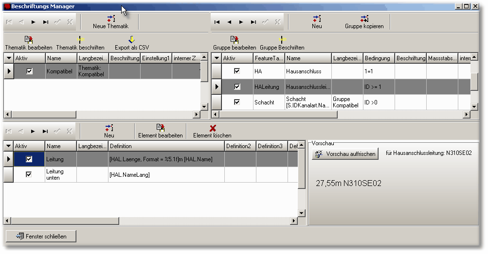 Die Definitionen im Beschriftungsmanager