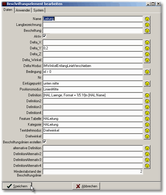 Leitungsbeschriftung oberhalb der Leitung