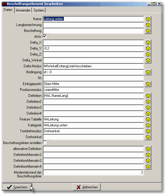 Leitungsbeschriftung unterhalb der Leitung
