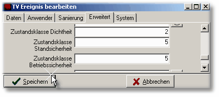 Jedes TV-Ereignis enthält die Ergebnisse der Bewertung in den einzelnen Bereichen Dichtheit,Standsicherheit und Betriebssicherheit