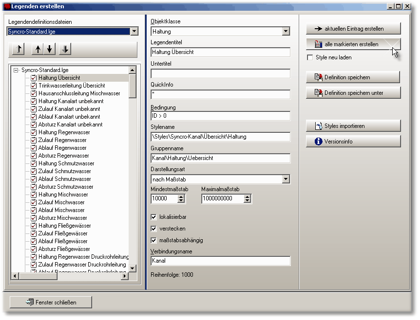 Einzelne oder angehakte Legendeneiträge erstellen oder erneuern.<br>
Änderungen an den Definitionen können hier durchgeführt und in der LGE Datei gespeichert werden.