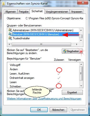 Beachten Sie, dass in der oberen Liste der richtige Benutzername oder Gruppe angewählt ist