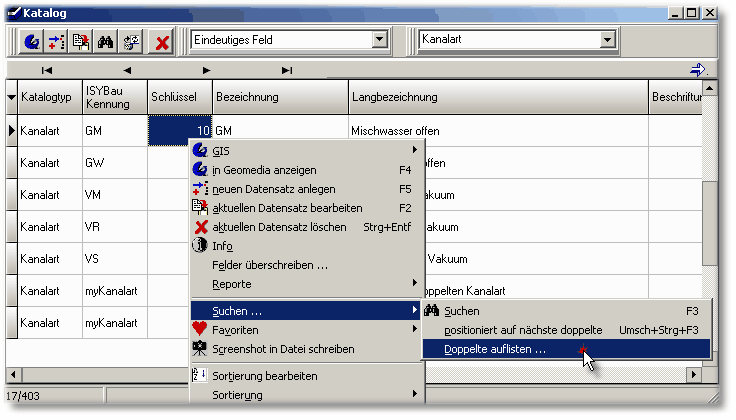 Kontexmenü "Suchen / Doppelte auflisten ..."