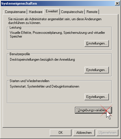Systemeigenschaften - Umgebungsvariablen
