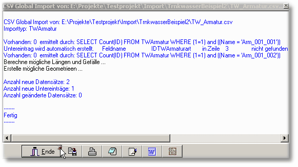 Zwei Armaturen wurden importiert. Die Armaturart "Schieber" wurde dabei automatisch erstellt.