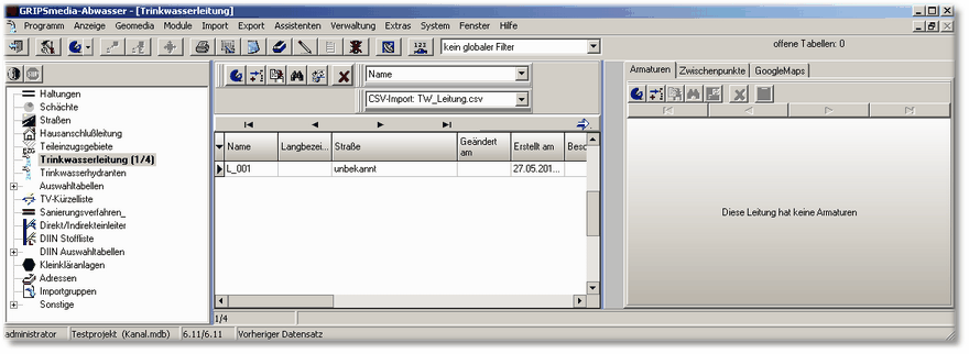 Die importierte Trinkwasserleitung im Modul Trinkwasserleitung